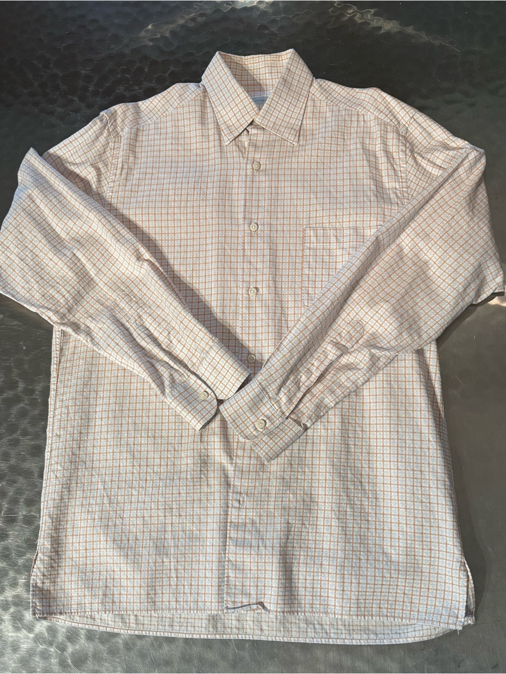 Ermenegildo Zegna White Dress Shirt with Baby Blue /Light Orange Check Size L